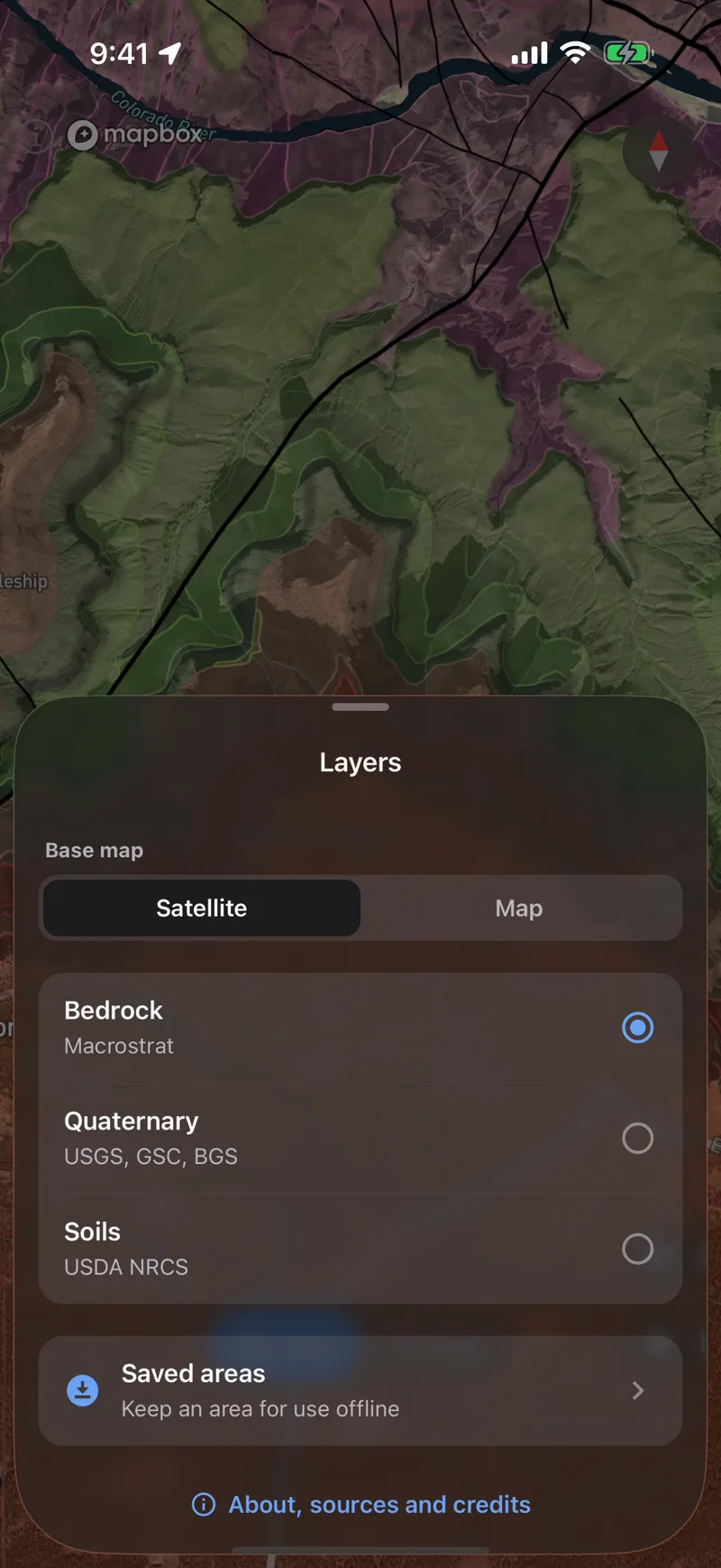The Layers sheet over the geologic map of the Grand Canyon, with Bedrock, Quaternary and Soils to choose from and Saved areas below.