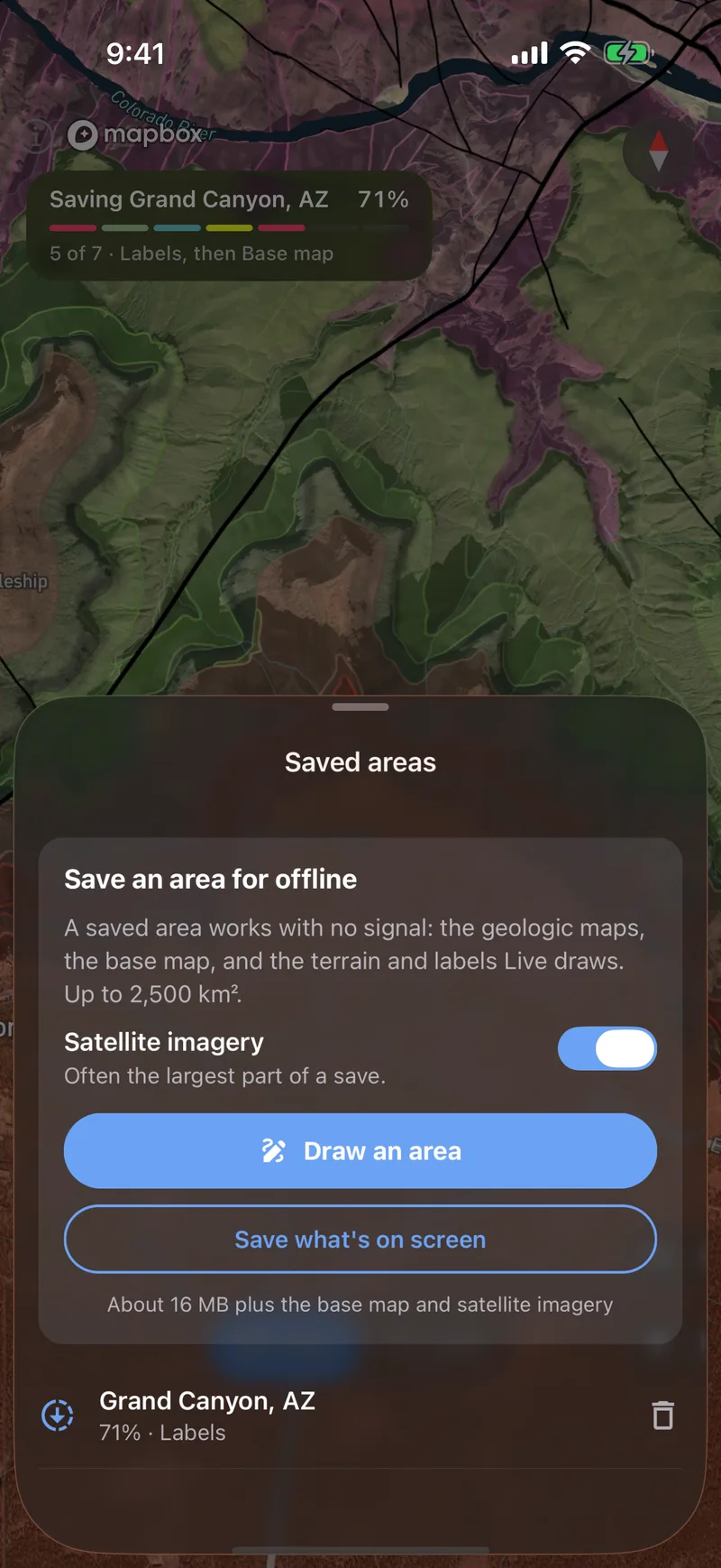 Saving the Grand Canyon for offline use: the save at 71 percent, its finished steps coloured, under the Saved areas sheet.
